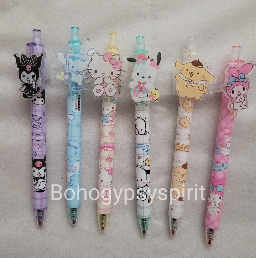 Set of 6, Hello Kitty & Friends Pens Sanrio Kuromi Melody Pom Cinnamoroll